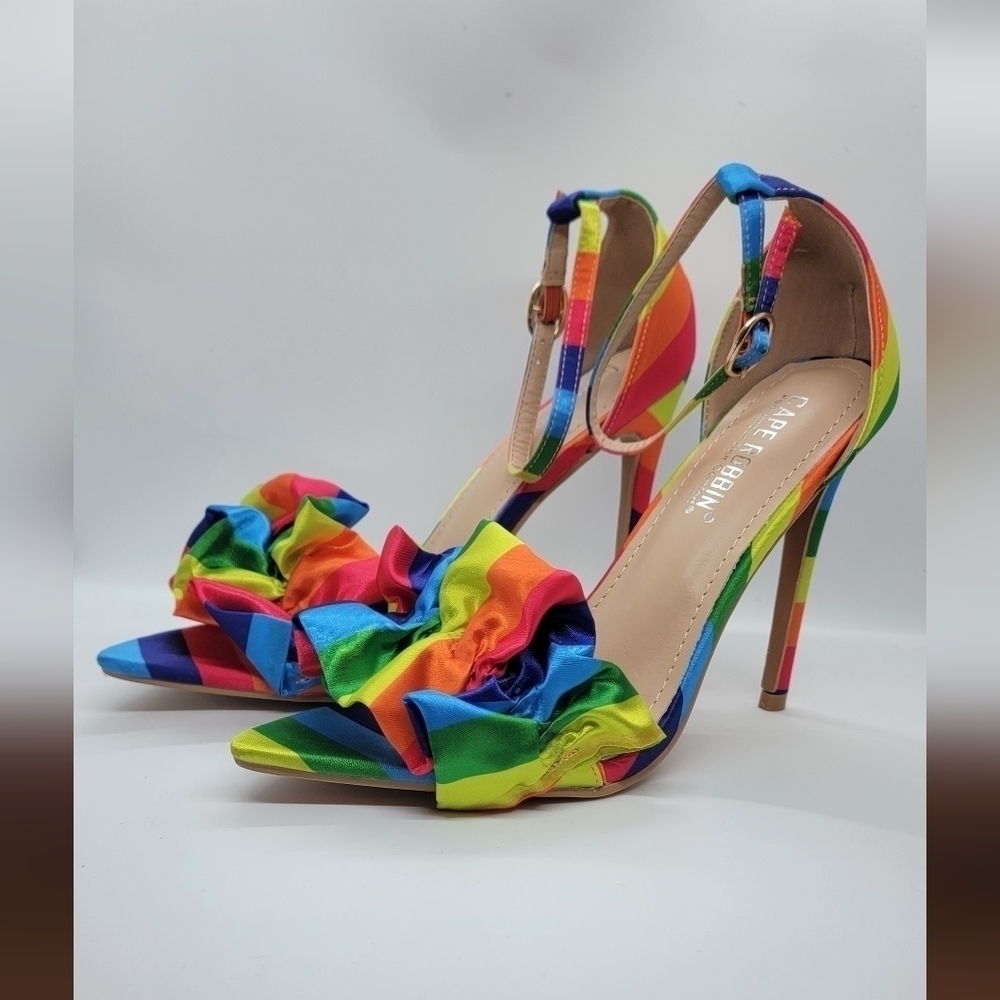 Rainbow color striped heel with ankle strap